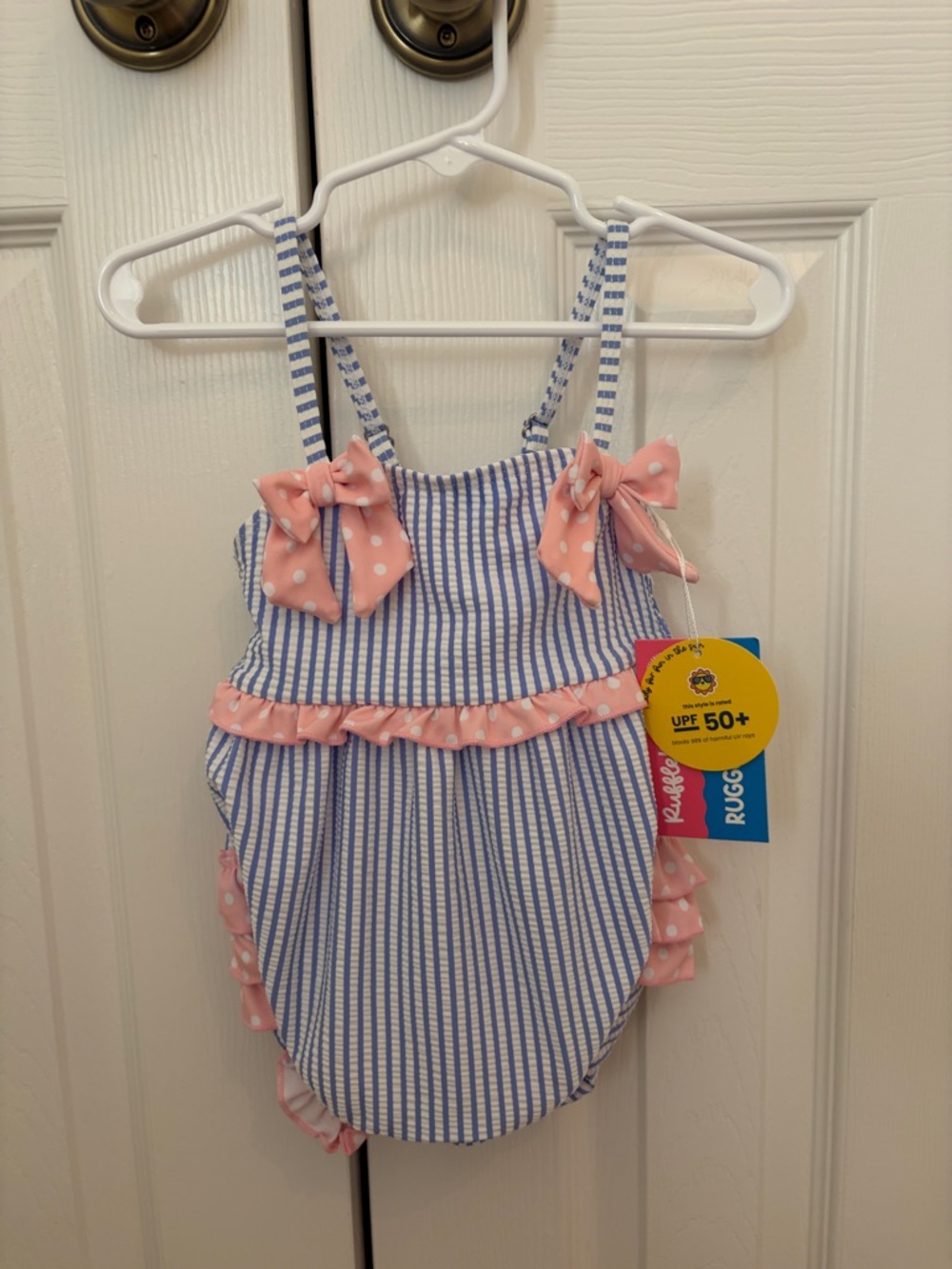 Rufflebutts Striped Baby Girl Swimsuit with Pink Polka Dot Bows